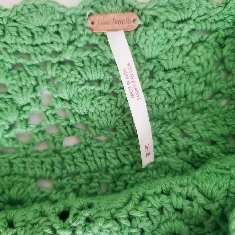 Free People Women's Crochet Top Medium Green Open Knit Cropped Cotton Unlined